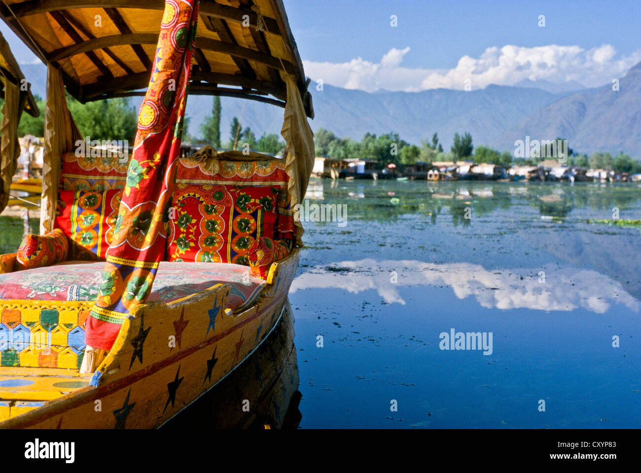 Shikara, typische Holzschiff auf See Dal, Srinagar, Jammu und Kaschmir, Indien, Asien Stockfoto