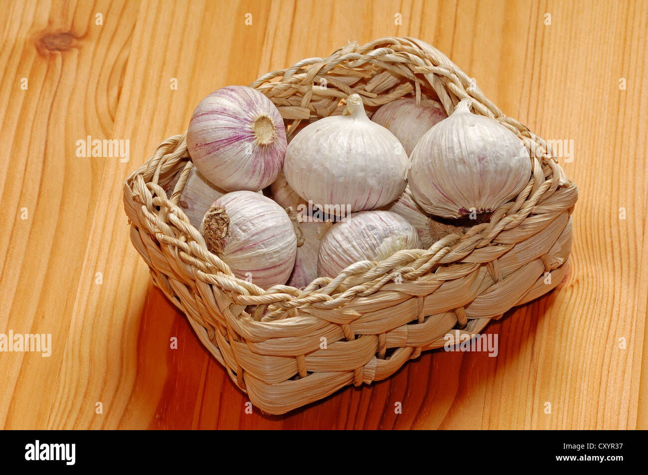 Knoblauch (Allium Sativum), Glühbirnen in einem Korb Stockfoto