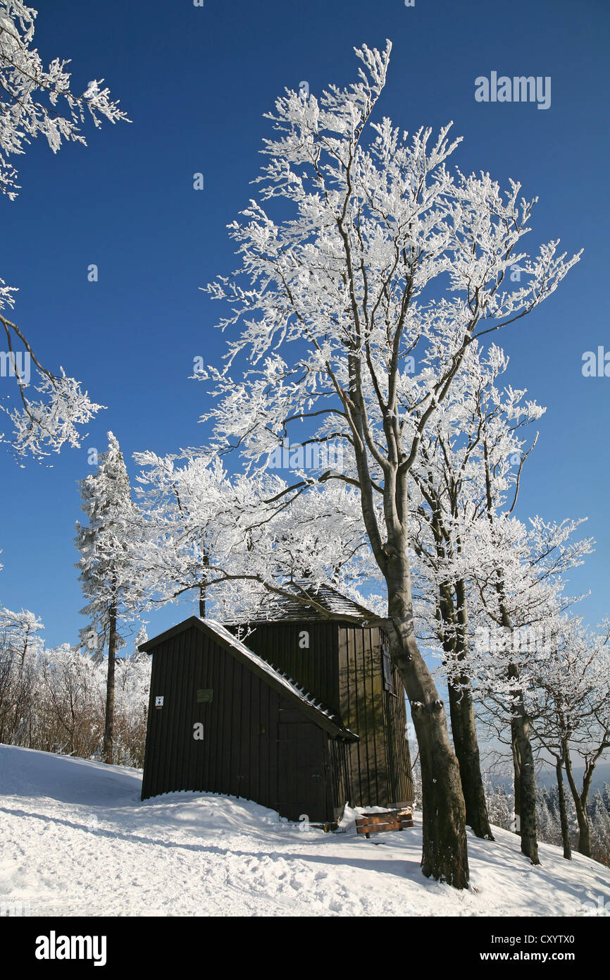 Goethe-Hütte, ehemalige Jagdhaus, im Winter auf Mt Kickelhahn bei Ilmenau, Thüringer Wald, Thüringen Stockfoto