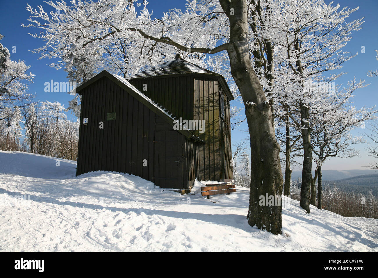 Goethe-Hütte, ehemalige Jagdhaus, im Winter auf Mt Kickelhahn bei Ilmenau, Thüringer Wald, Thüringen Stockfoto