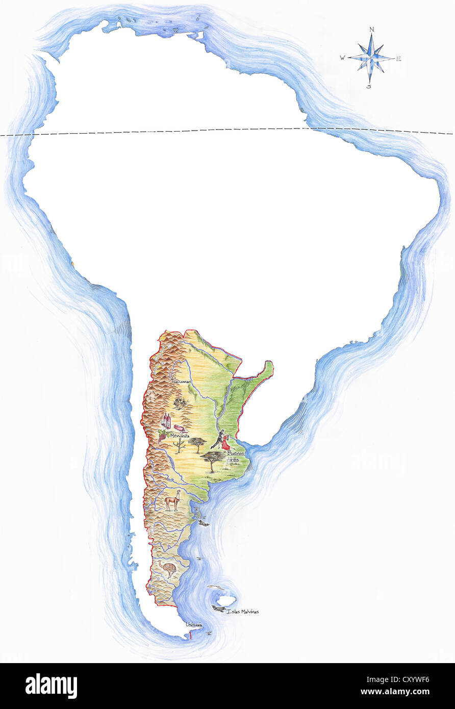Sehr detaillierte handgezeichnete Karte von Argentinien innerhalb der Umrisse von Südamerika mit einer Windrose und der Äquator Stockfoto