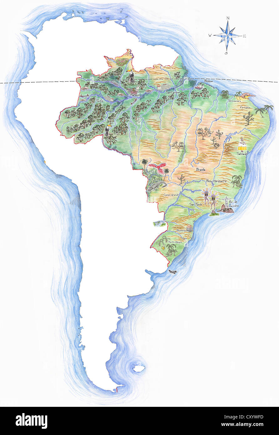 Sehr detaillierte handgezeichnete Karte von Brasilien innerhalb der Umrisse von Südamerika mit einer Windrose und der Äquator Stockfoto