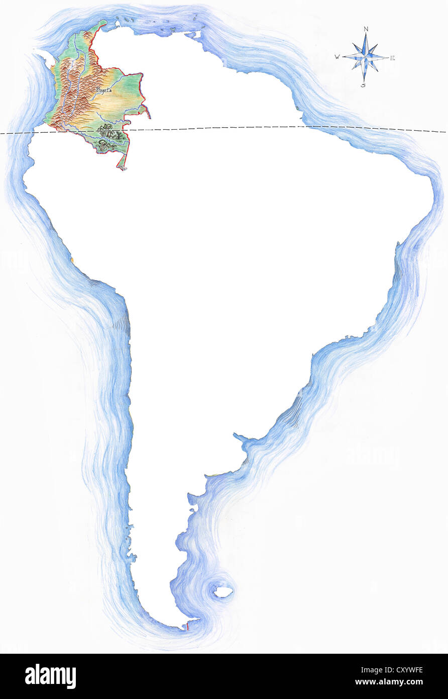 Sehr detaillierte handgezeichnete Karte von Kolumbien innerhalb der Umrisse von Südamerika mit einer Windrose und der Äquator Stockfoto