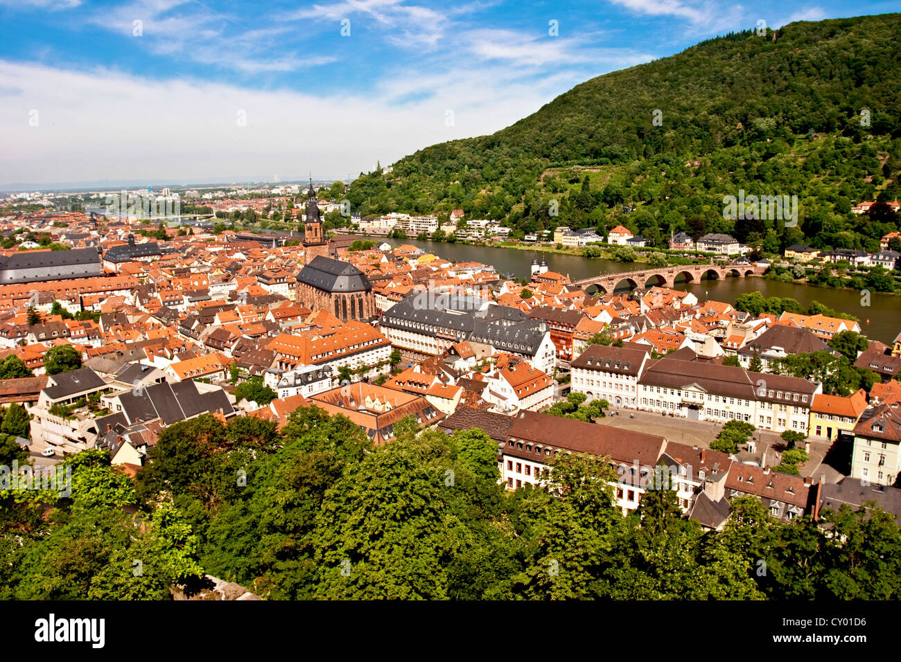 Ein Blick auf die Stadt und den Neckar vom Schloss Heidelberg, Heidelberger Schloss Heidelberg, Deutschland Stockfoto