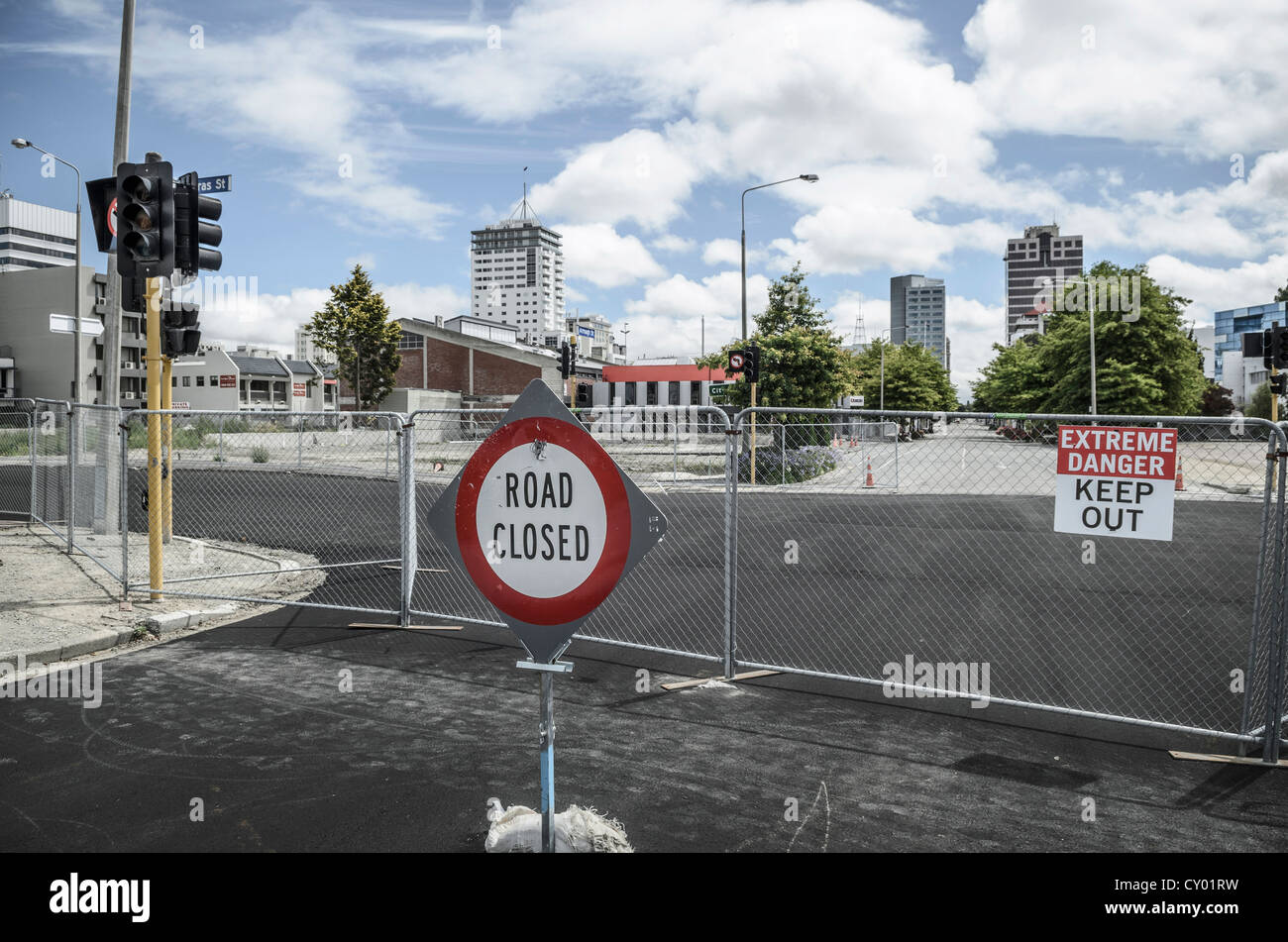 Verschlossen, evakuierten Bezirk in der Erdbeben-Zone von Christchurch, Südinsel, Neuseeland Stockfoto