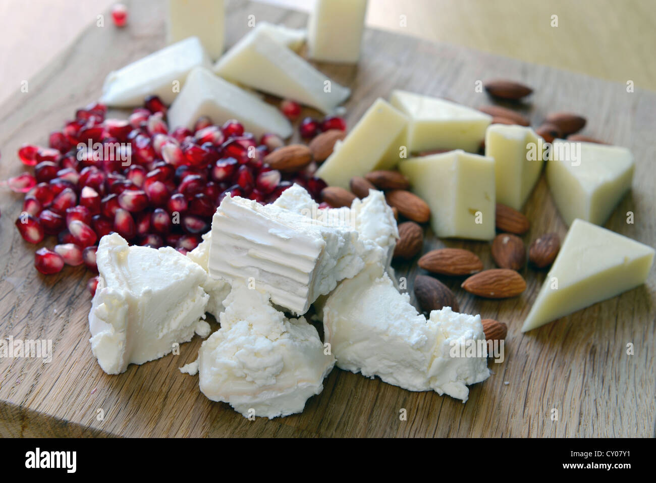 Satz von Ziegenkäse auf einem Holzbrett mit Granatapfel Stockfoto