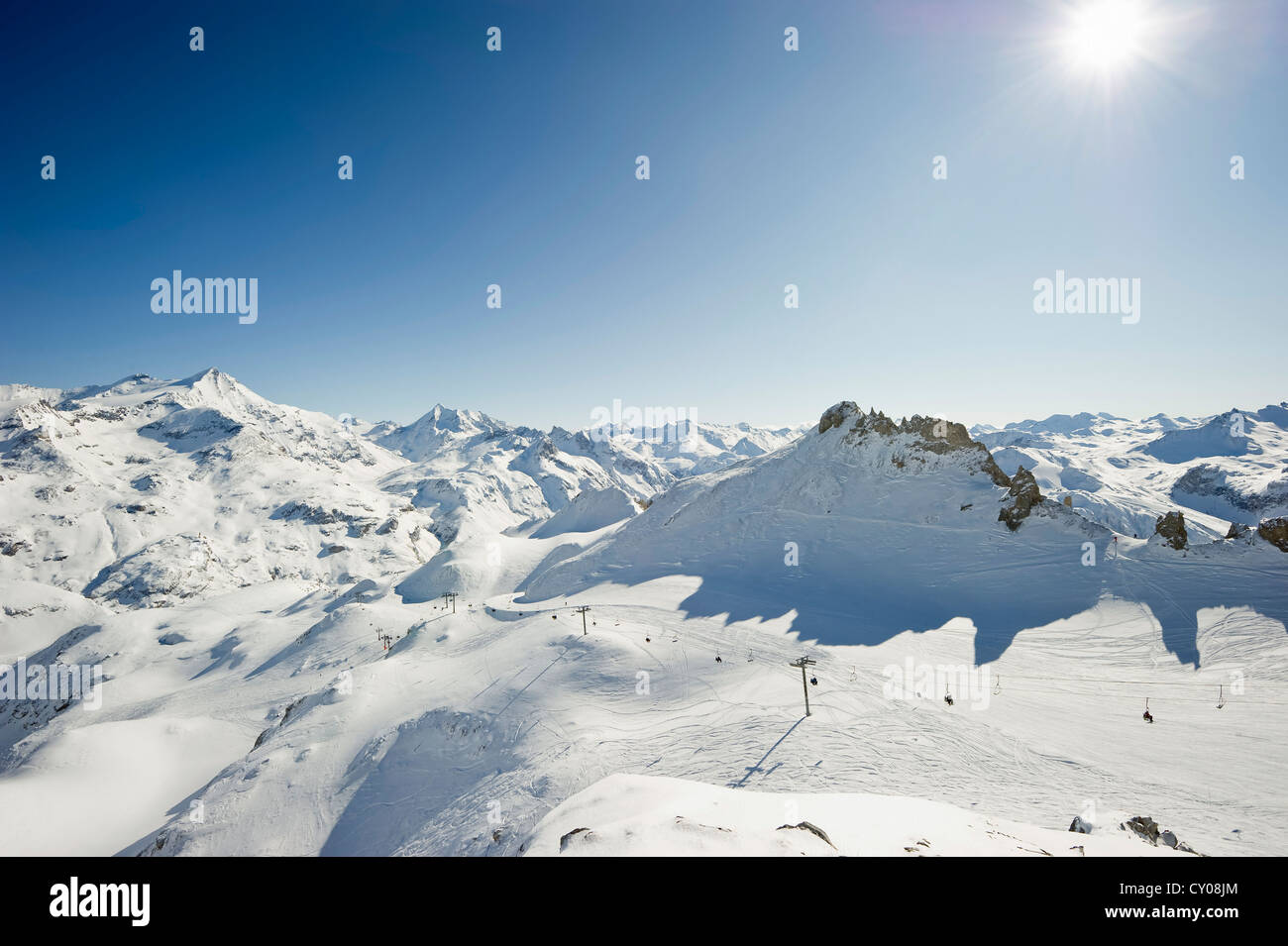 Verschneite Berglandschaft, Tignes, Val d ' Isère, Savoie, Alpen, Frankreich Stockfoto