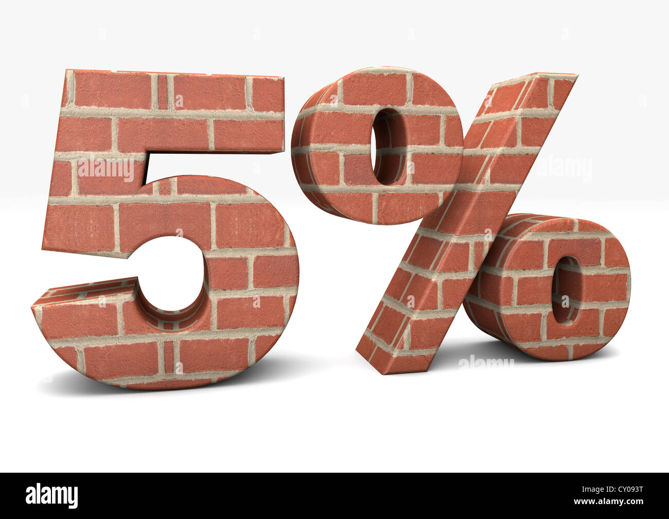 3D-Render von 5 Prozent aus Backsteinen auf weißem Hintergrund integrierte Konzept Bild Stockfoto
