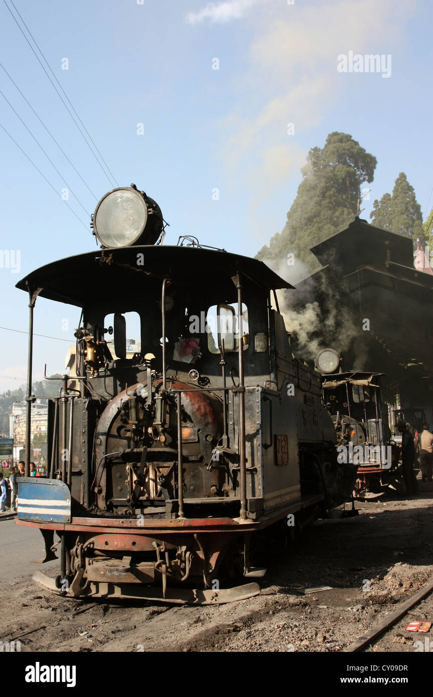 Vintage British gebaut B Klasse Schmalspur Dampflokomotiven (auch bekannt als die Spielzeugeisenbahn) in Darjeeling Bahnhof Lokschuppen Stockfoto