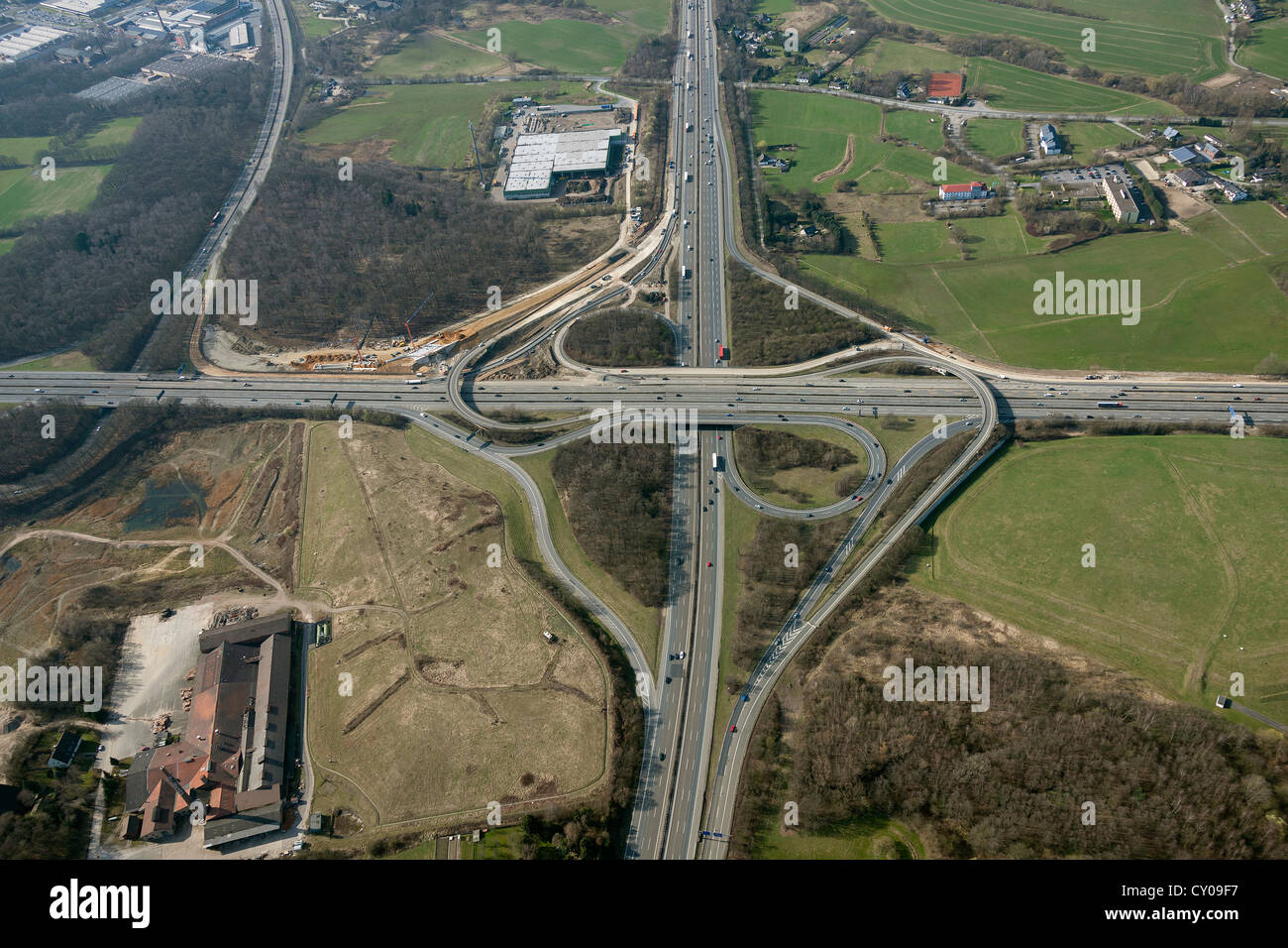 Luftaufnahme, Breitscheider Kreuz Austausch beim Wiederaufbau, A3 und Autobahnen A52, Ratingen, Rheinland Stockfoto