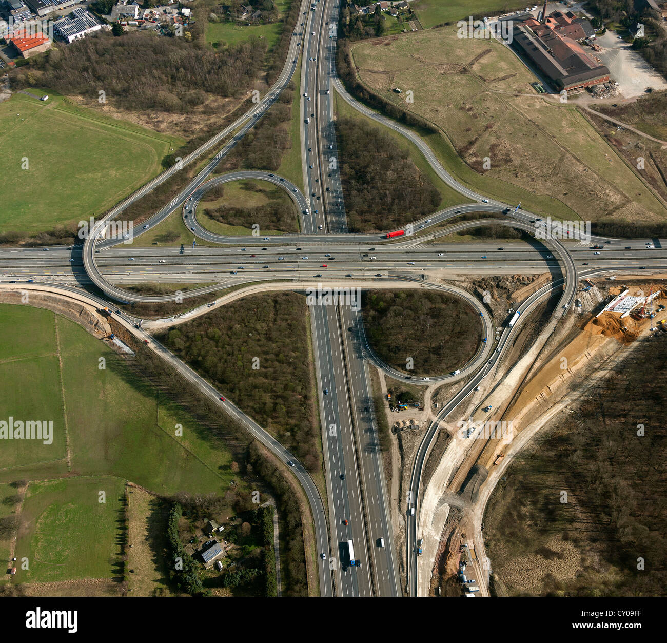 Luftaufnahme, Breitscheider Kreuz Austausch beim Wiederaufbau, A3 und Autobahnen A52, Ratingen, Rheinland Stockfoto