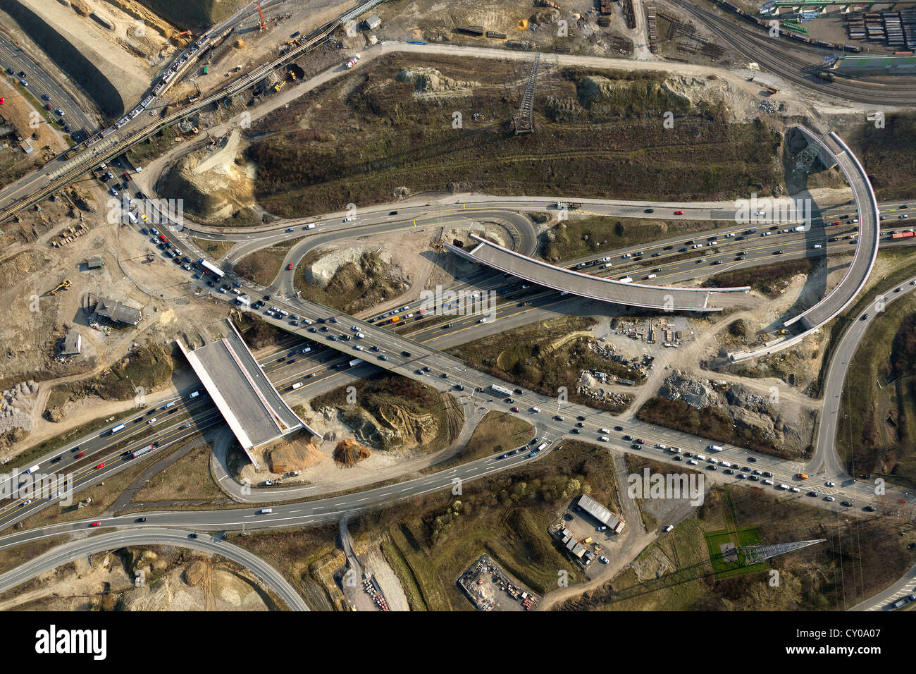 Luftaufnahme, Autobahn Kreuzung von Donezkring und die Autobahn A40, Bochum-Stahlhausen, Ruhrgebiet, Nordrhein-Westfalen Stockfoto