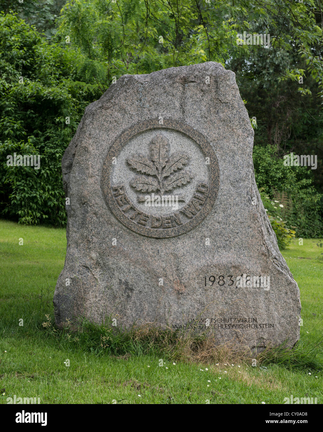 Stein Relief "Zusammenpacken Den Wald", Deutsch "Speichern des Waldes", Eiche Bäumchen, Symbol für die Aktionen in den 1980er Jahren Eiche bedroht Stockfoto