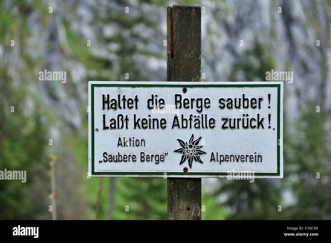 Zeichen 'Saubere Berge', Deutsch für'saubere Berge' Ramsau, Nationalpark Berchtesgaden, Berchtesgadener Land/Region Stockfoto