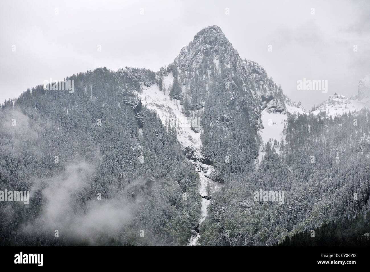 Neuschnee auf Mt Hochkalter zu einer bewölkten Morgen, Ramsau, Berchtesgadener Land/Region, Oberbayern Stockfoto