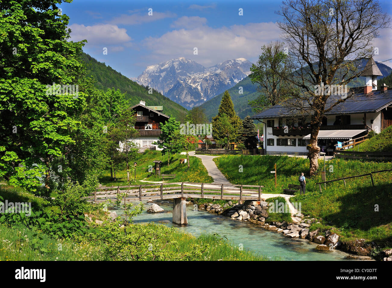 Ramsauer Ache Fluß, Berchtesgadener Alpen auf der Rückseite, Ramsau, Bayern, Oberbayern Stockfoto