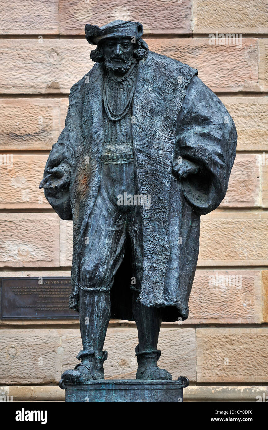 Skulptur des Malers Hans Suess, geht durch den Namen von Hans von Kulmbach, 1476-1522, Marktplatz, Kulmbach, Oberfranken Stockfoto