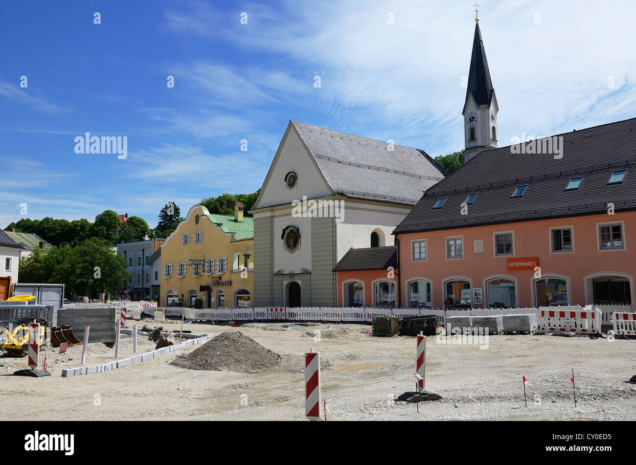 Bauarbeiten für Verkehrsberuhigung, Innenstadt von Bad Aibling, Bayern Stockfoto