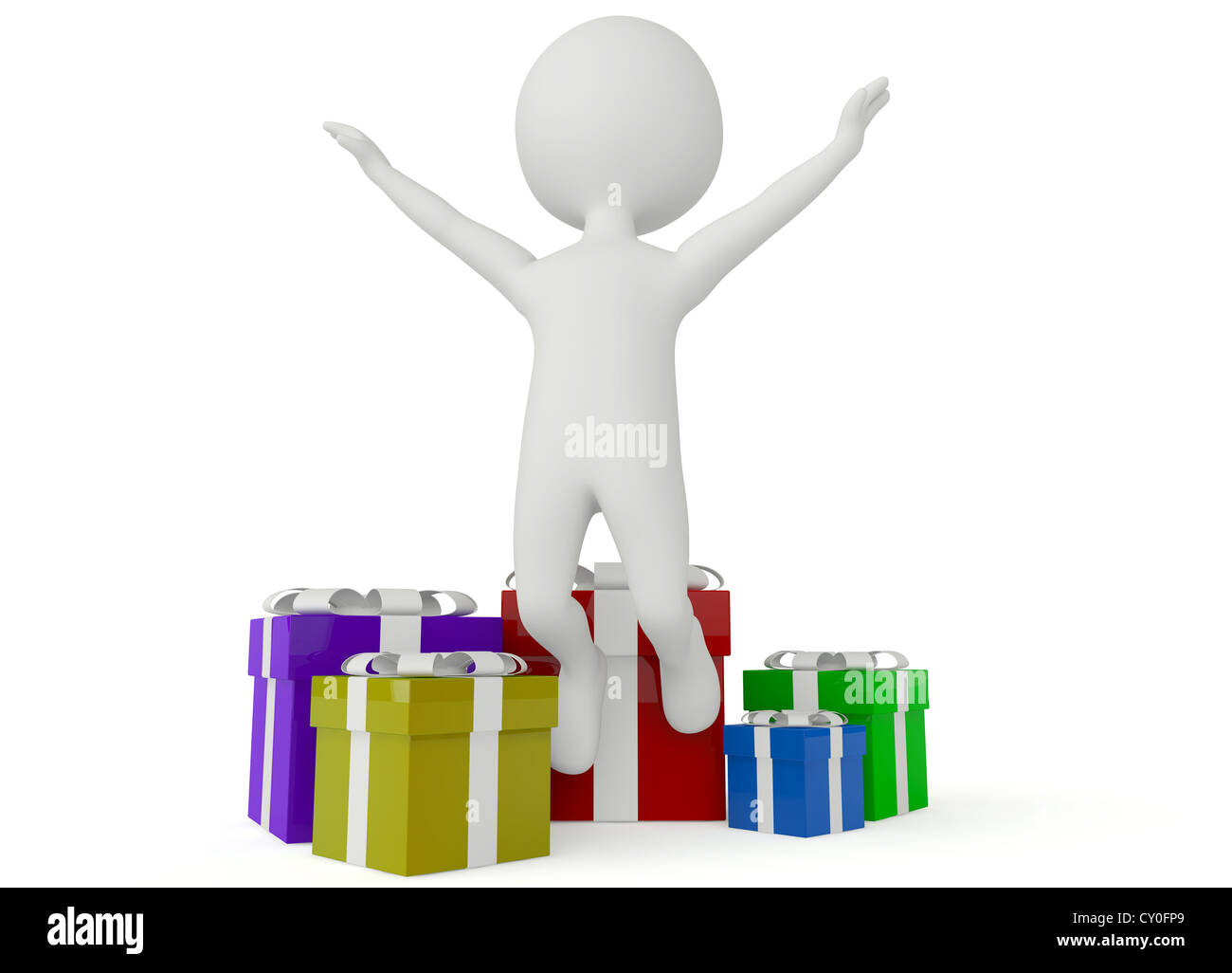 3D-Charakter humanoiden Sprung mit unterschiedlicher Farbe Geschenk-box Stockfoto