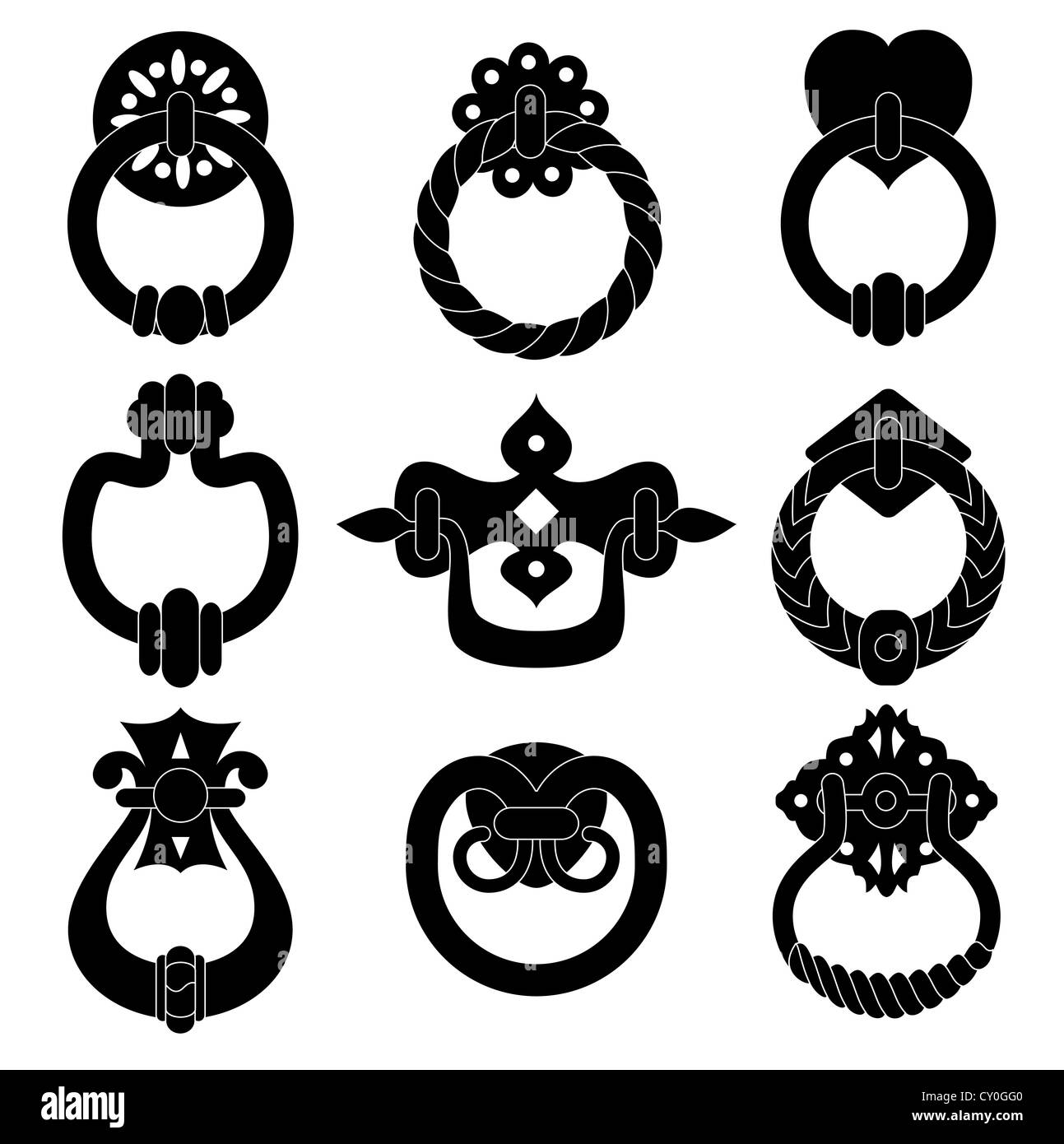 Schwarze Tür Griff Silhouetten eingestellt Stockfoto