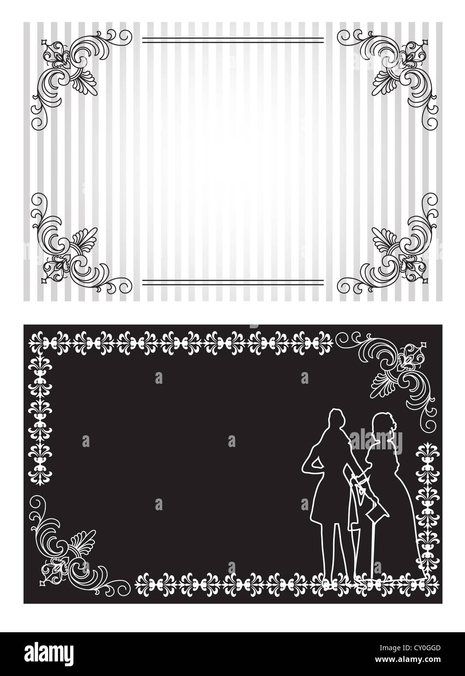 Weiße und schwarze Einladungskarte mit Silhouetten von Lady und gentleman Stockfoto