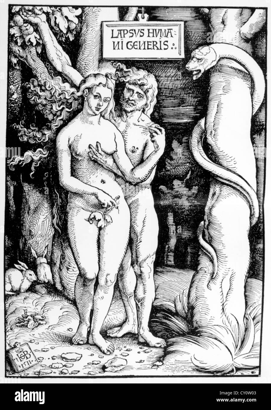 Adam und Eva und die Schlange, Holzschnitt, 1511 Stockfoto