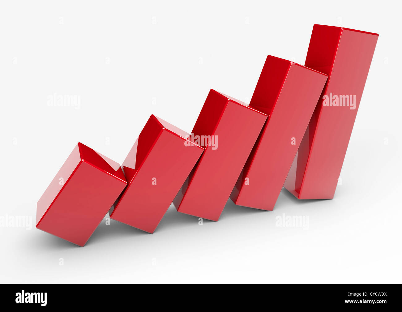 3D Rendern eines roten Balkendiagramms wie Dominosteine - Konzept Bild umkippen Stockfoto