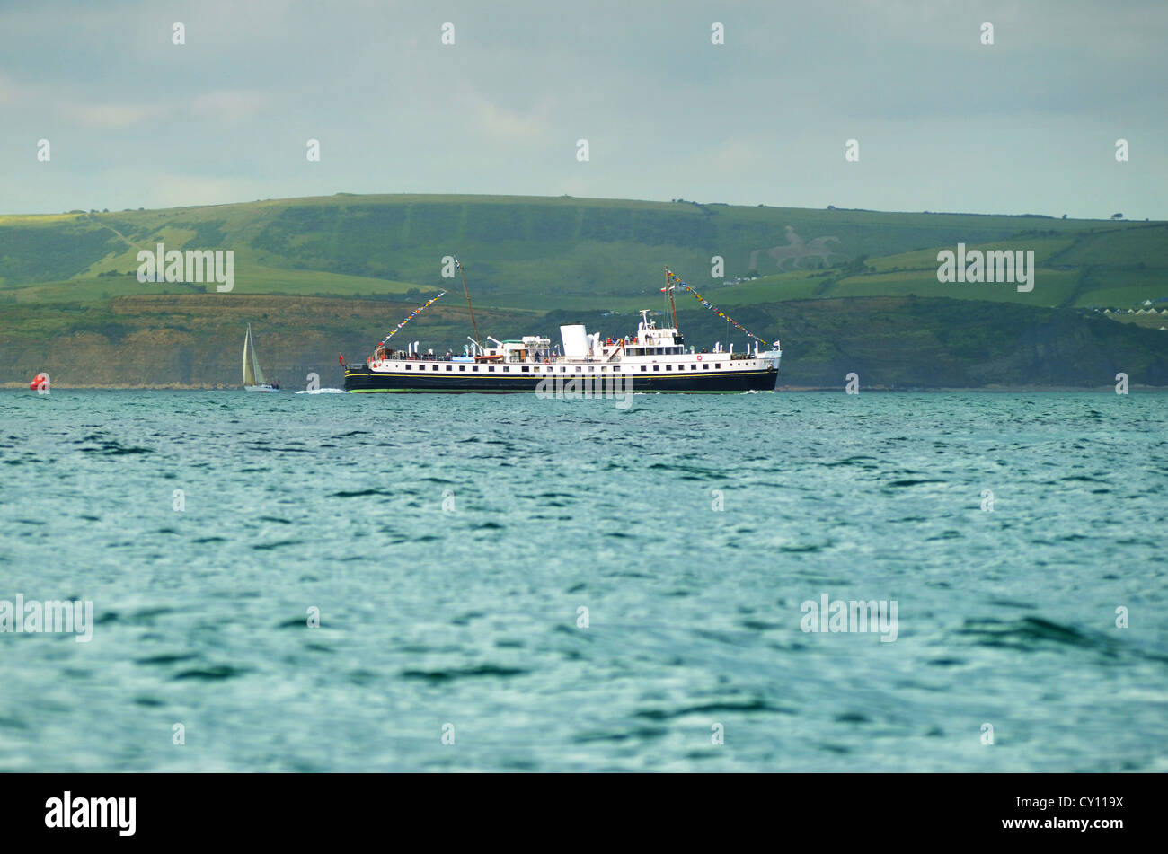 SS Balmoral Segeln in Weymouth Bucht während der Olympischen Spiele von einem Boot aus fotografiert Stockfoto