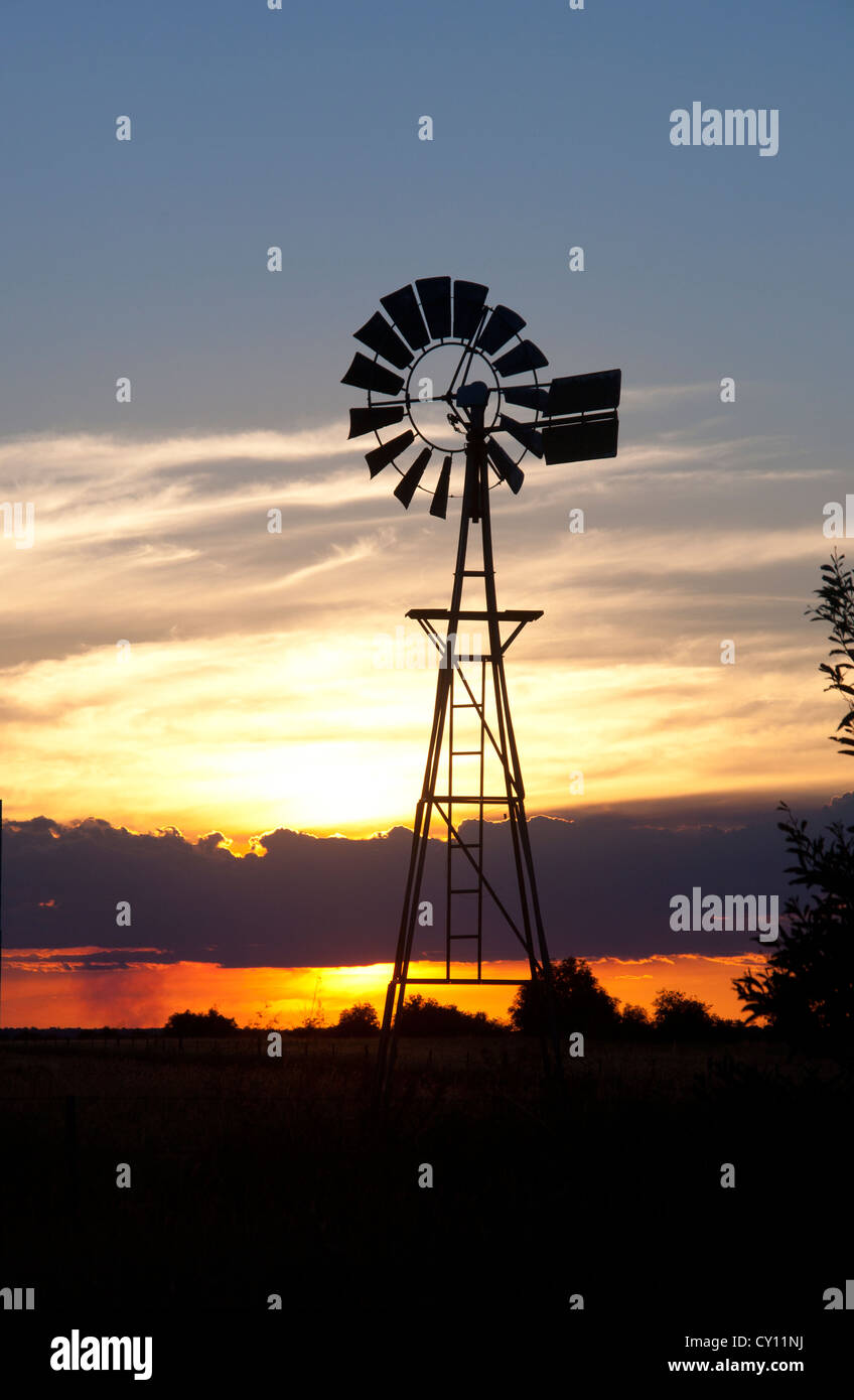 Typische Outback Typ Windmühle bei Sonnenuntergang in flachen Landschaft in der Nähe von Emerald-Queensland-Australien Stockfoto