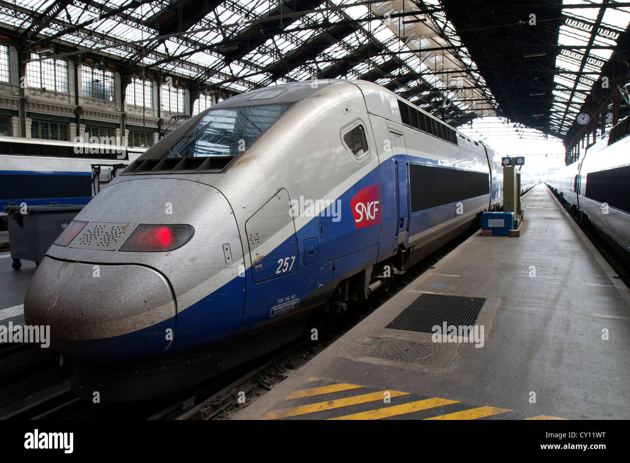 Französische Hochgeschwindigkeitszug (TGV SCNF) im Bahnhof Gare de Lyon in Paris, Frankreich Stockfoto
