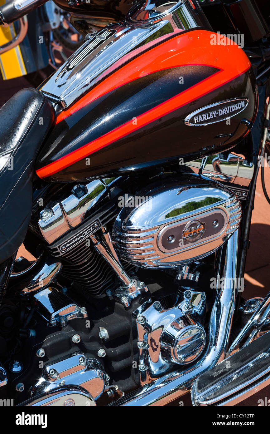 Nahaufnahme von einer Harley Davidson Screamin ' Eagle Electra Glide Motorradmotor, USA Stockfoto