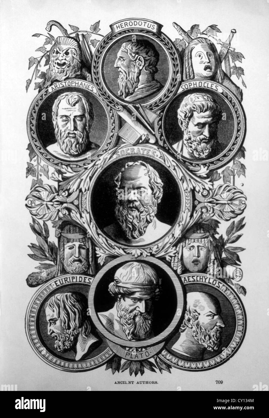 Autoren & Philosophen des antiken Griechenlands, Herodot, Aristophanes, Sophokles, Sokrates, Eripides, Plato und Aeschylos, Gravur Stockfoto
