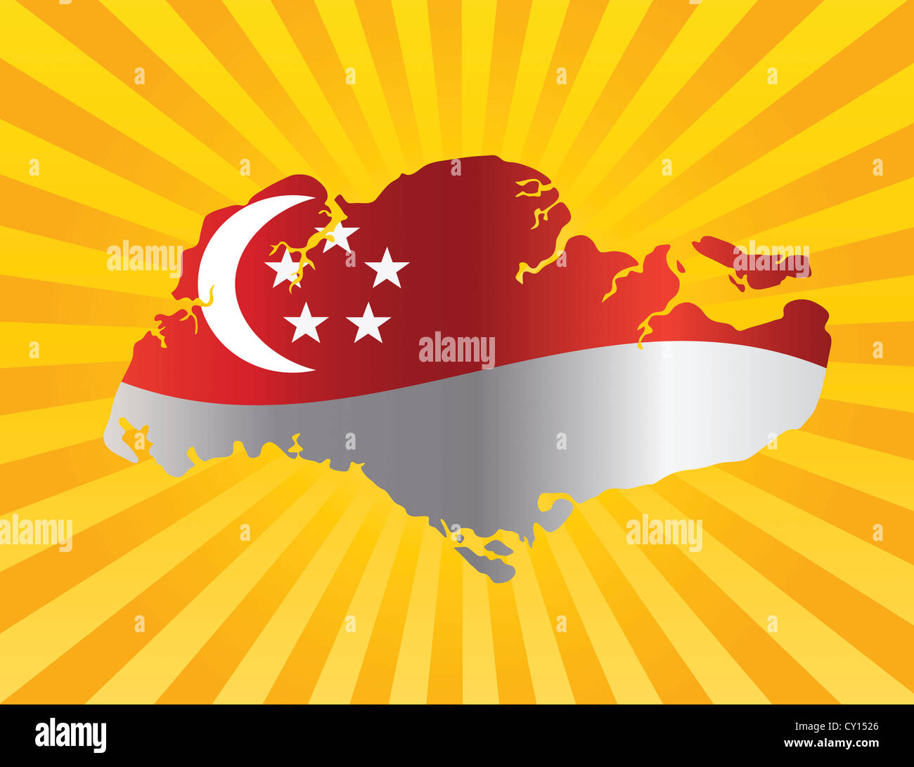 Singapur-Flagge im Landkarte Silhouette auf Sonnenstrahlen Hintergrund Illustration Stockfoto