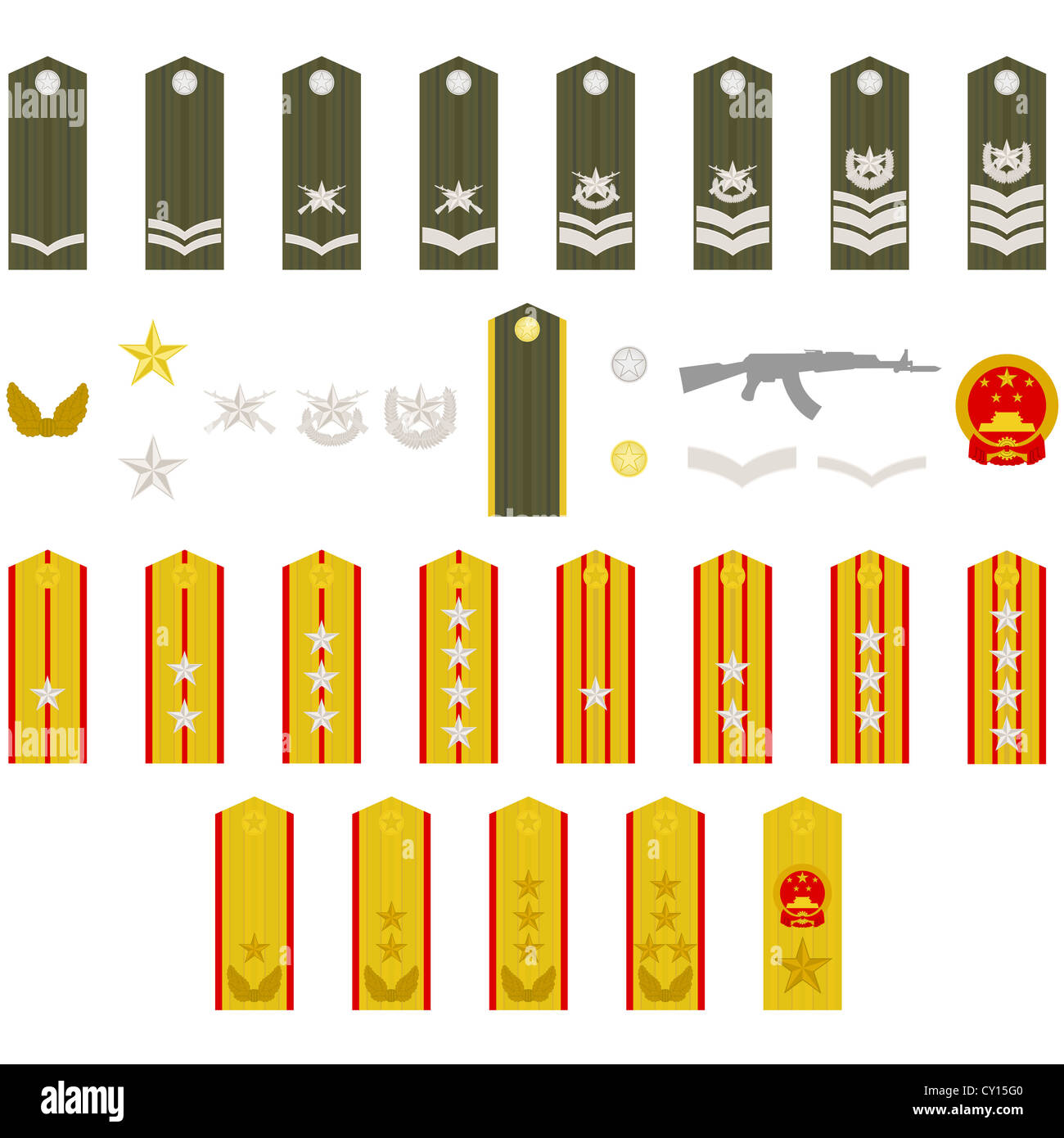 Epauletten, militärische Ränge und Abzeichen. Abbildung auf weißem Hintergrund. Stockfoto
