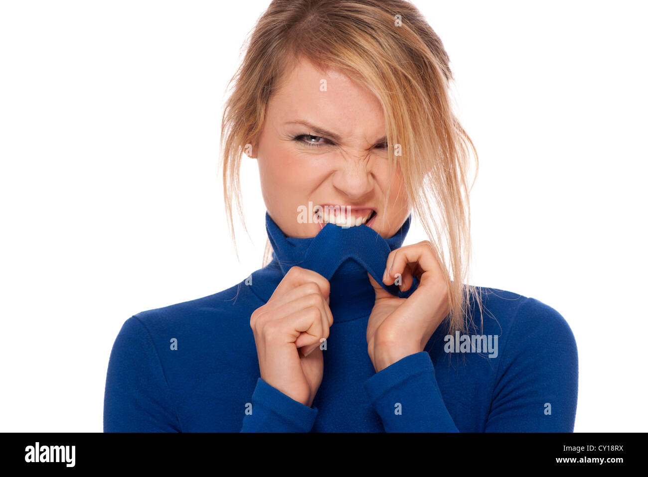 Frau beißende Rollkragen Pullover flirten Stockfoto