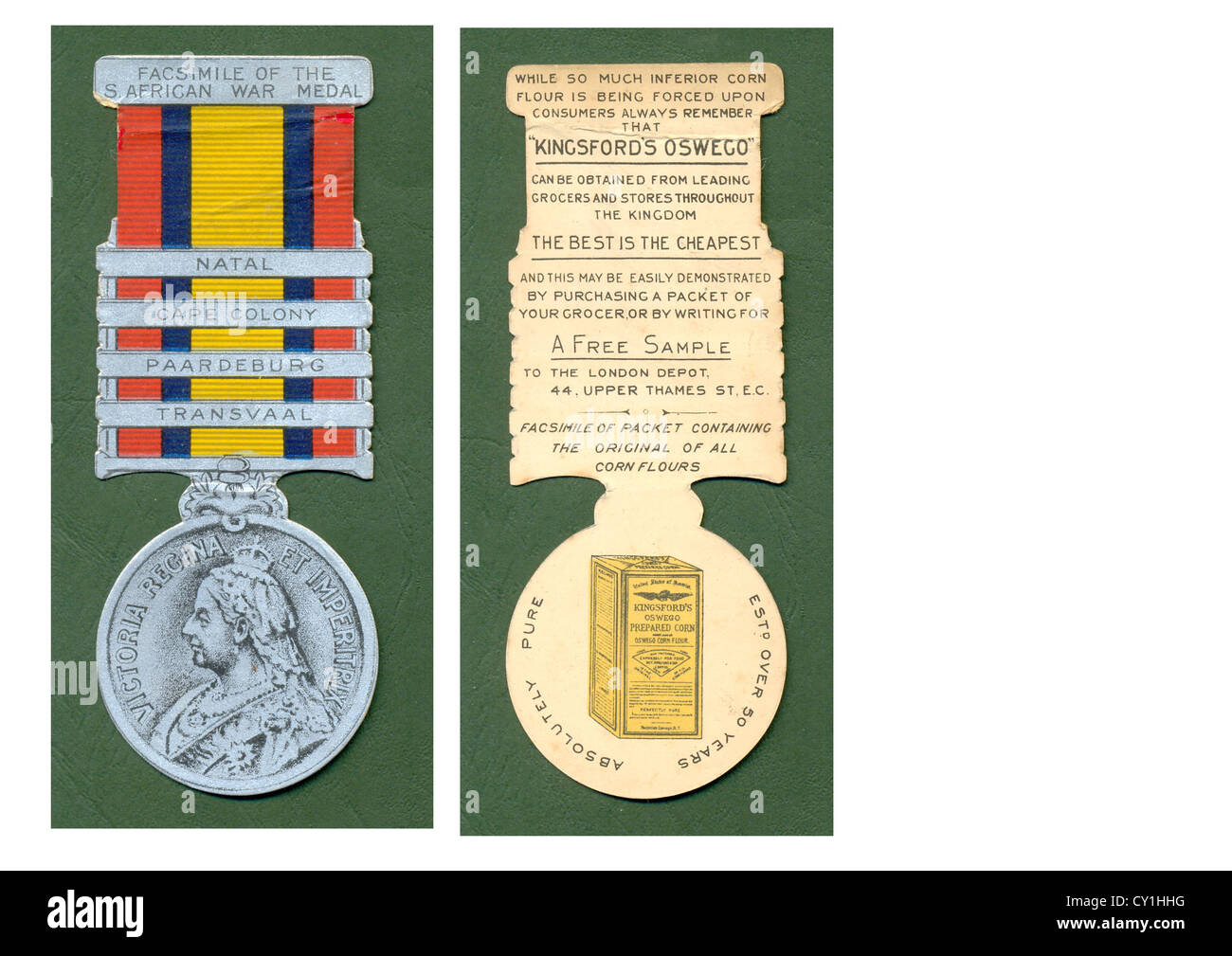 Faksimile des südafrikanischen Krieg Medaille Werbung Kingsfords Oswego Maismehl auf verso Stockfoto