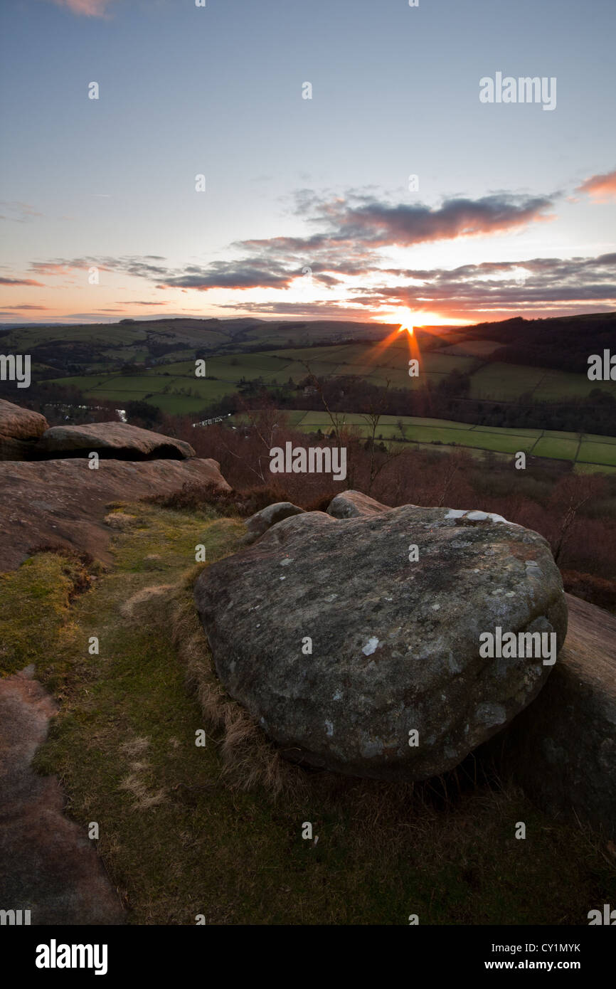Sonnenuntergang von Froggatt Edge, Peak District, Derbyshire Stockfoto