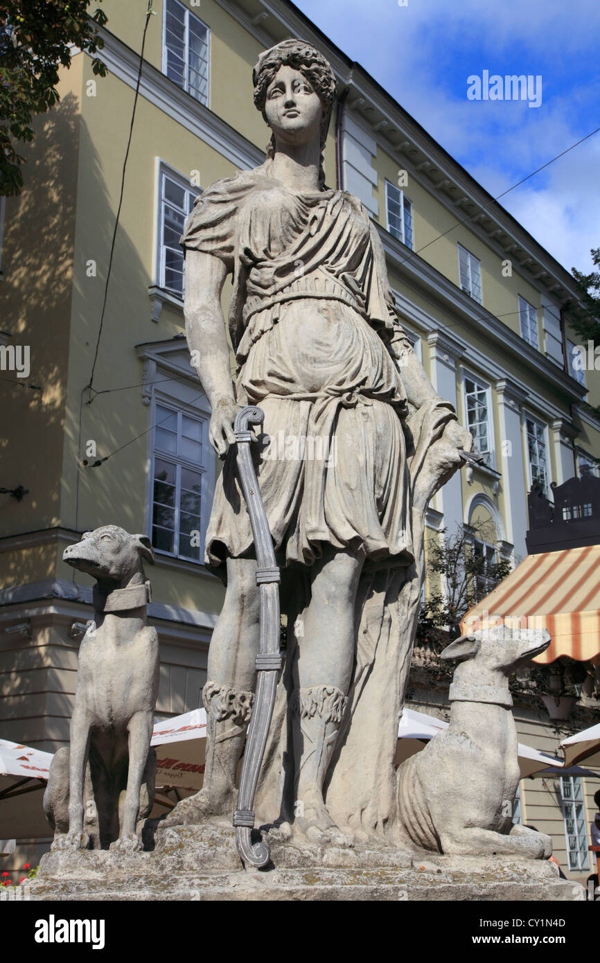 Ukraine, Lemberg, Rynok Square, Diana Statue, Stockfoto