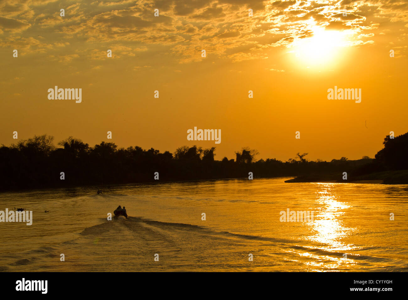 Boot-Rubrik auf dem Fluss Cuiaba, Pantanal, Brasilien Stockfoto