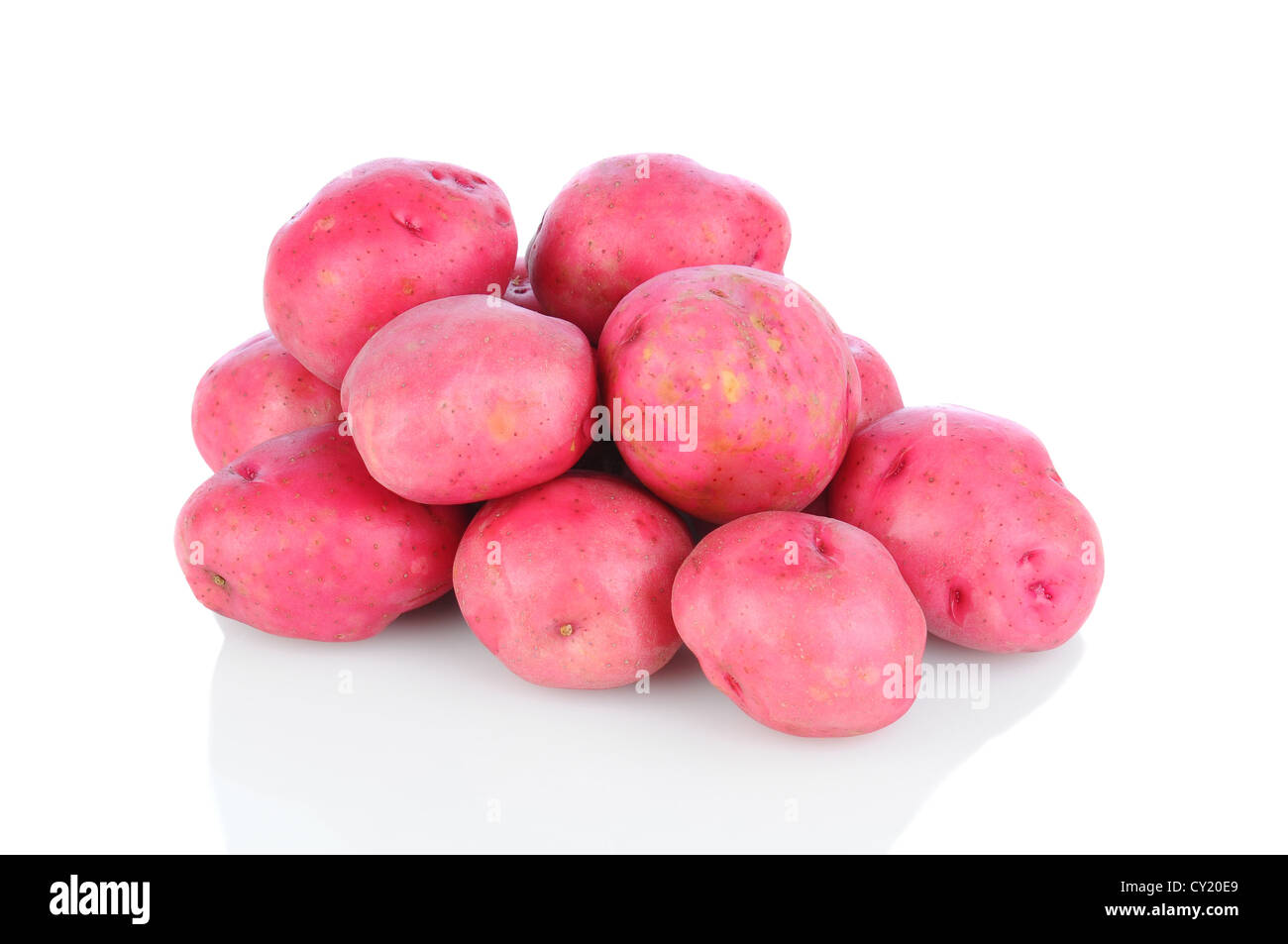 Ein Haufen rote Kartoffeln auf einem weißen Hintergrund mit Reflexion, Querformat. Stockfoto