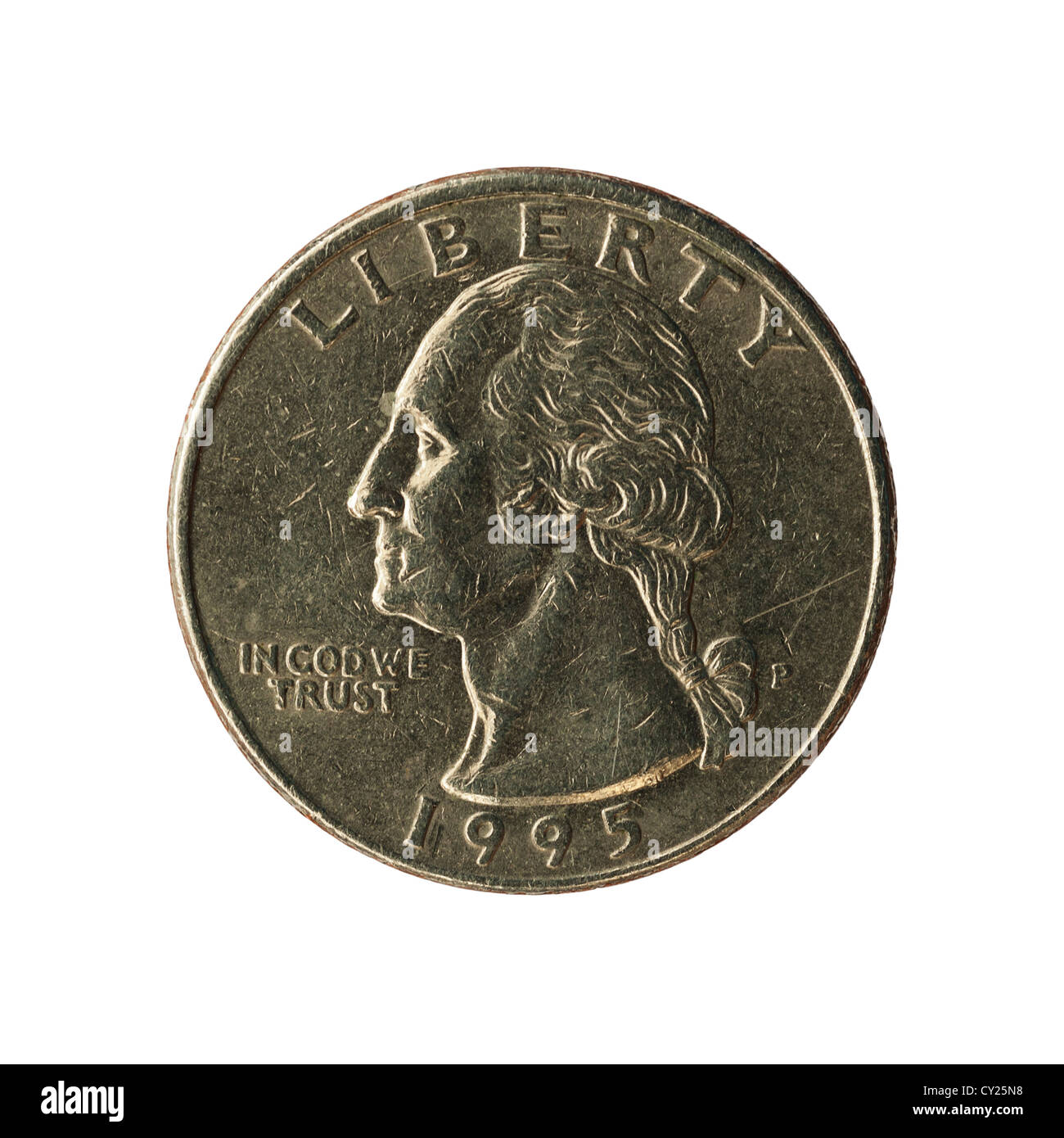 Ein Viertel-Dollar-Münze (amerikanische Währung) auf weißem Hintergrund Stockfoto