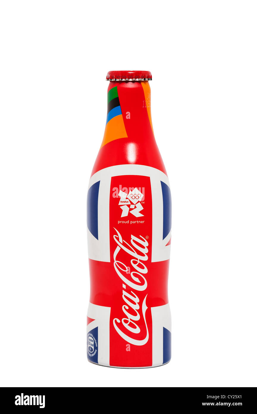 Eine Flasche Coca Cola limited Edition Olympische Spiele 2012 auf weißem Hintergrund Stockfoto