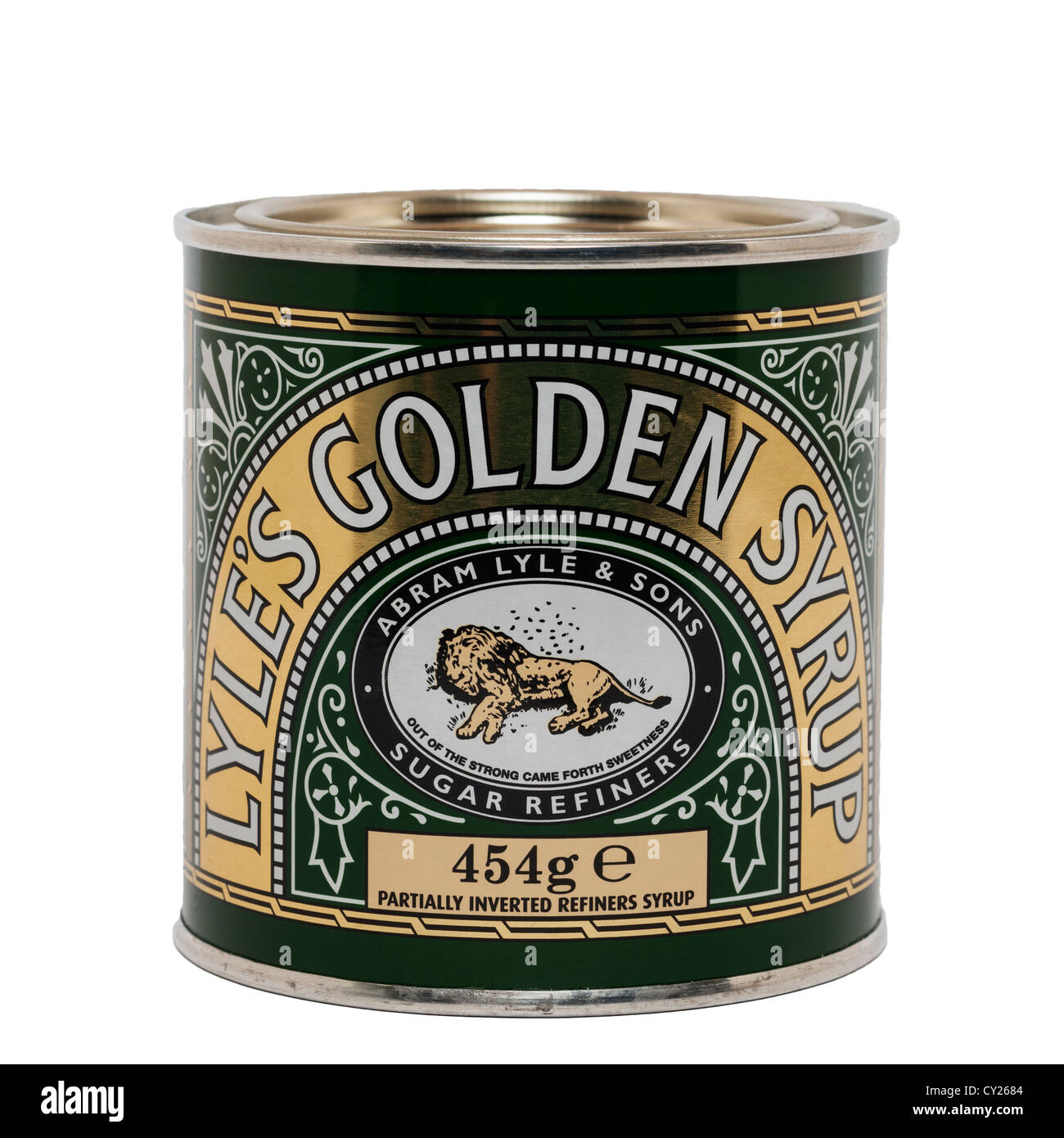 Eine Dose Lyles Golden Sirup auf weißem Hintergrund Stockfoto