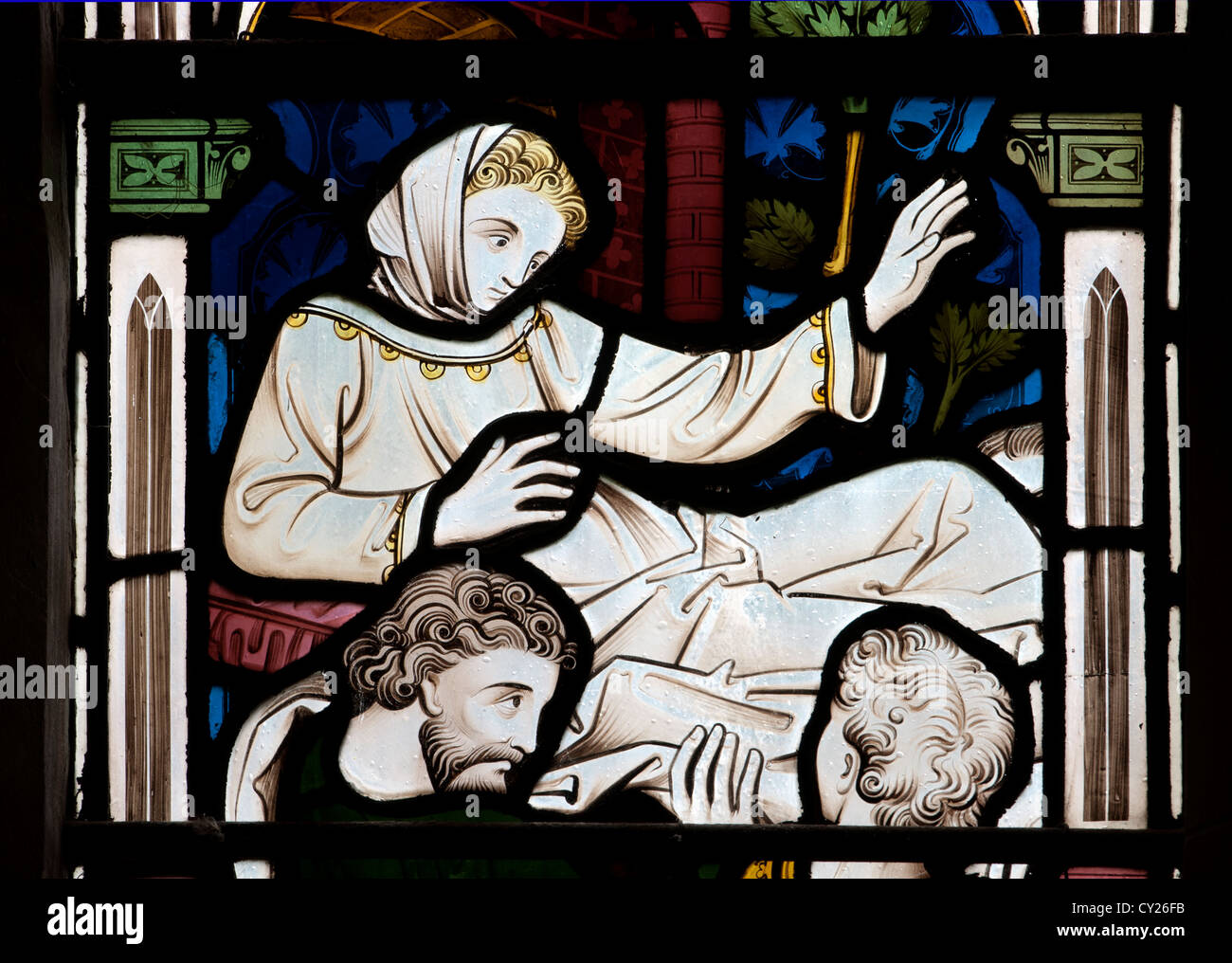 Christus ist die Witwe Sohn Wunder, gebeizt Glas ausführlich Alderminster Kirche erhöhen. Stockfoto