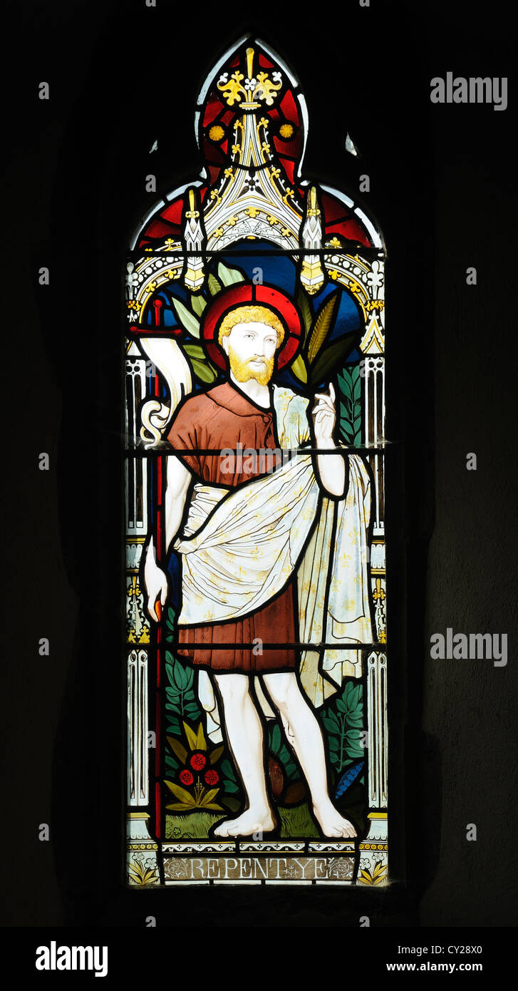 Glasmalerei-Fenster mit "Buße tun Ye' in der Kirche St. Johannes der Täufer, Thorpe Mandeville, Northamptonshire, England Stockfoto