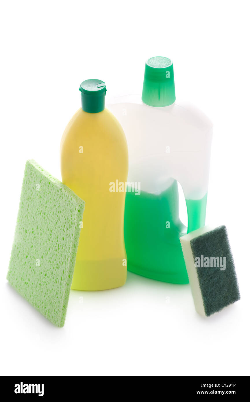 Küche oder Bad Reinigungs-Produkte, die isoliert auf weißem Hintergrund Stockfoto