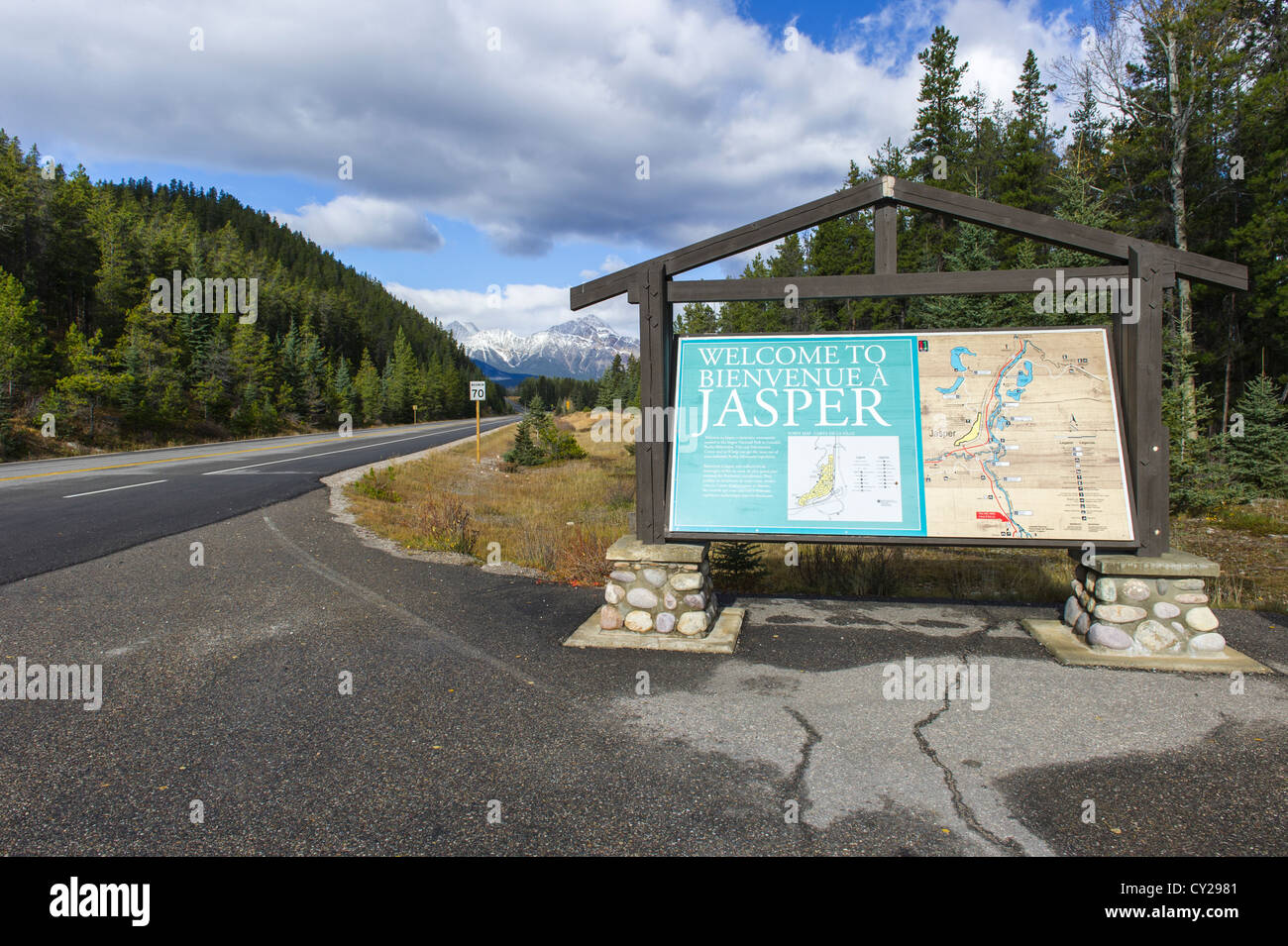 Willkommens-Schild der Stadt Jasper Alberta Kanada Stockfoto