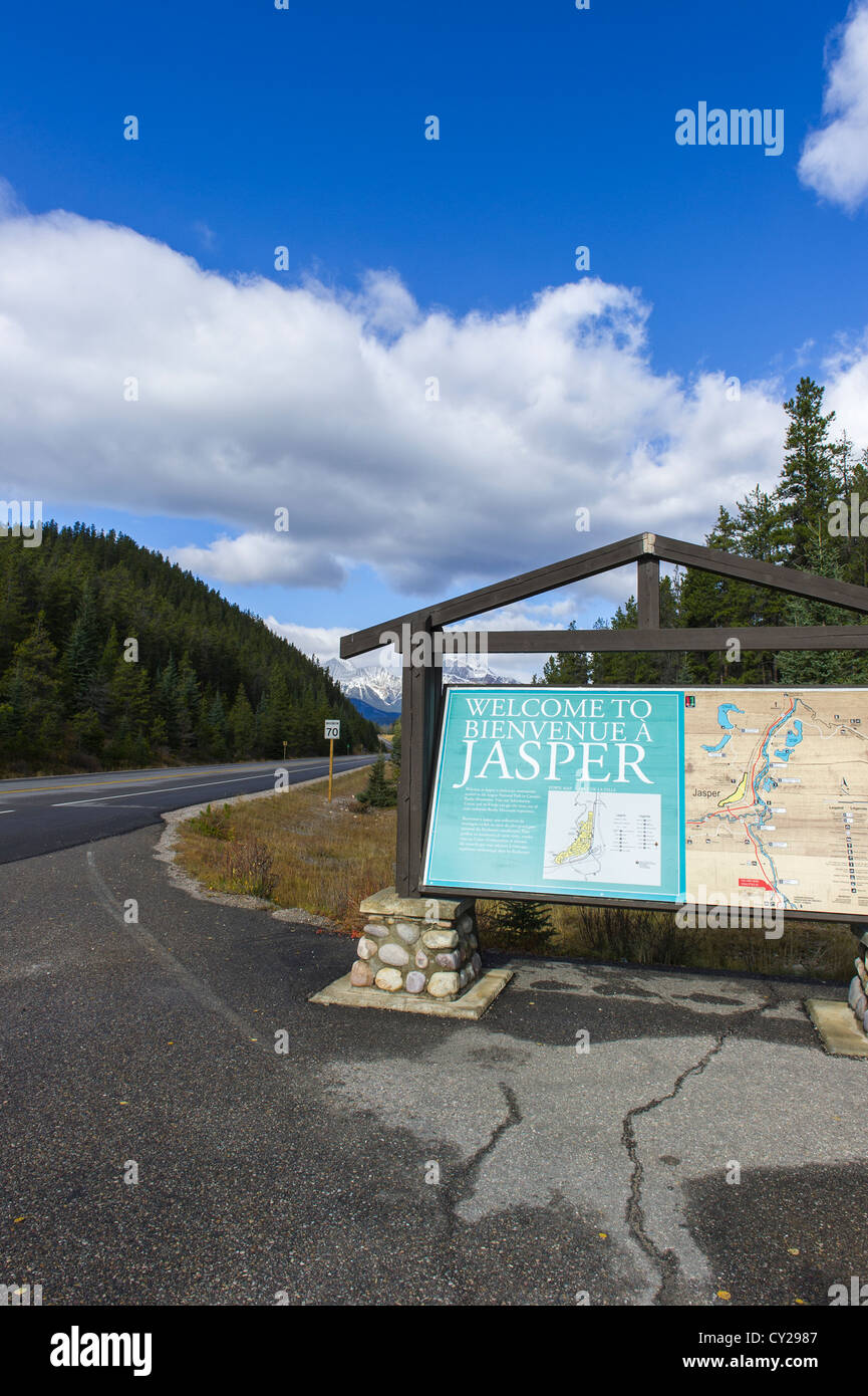 Willkommens-Schild der Stadt Jasper Alberta Kanada Stockfoto