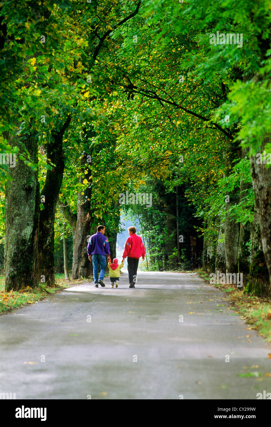 Familie von drei auf Bäumen gesäumten Landstraße in der Nähe von München Stockfoto