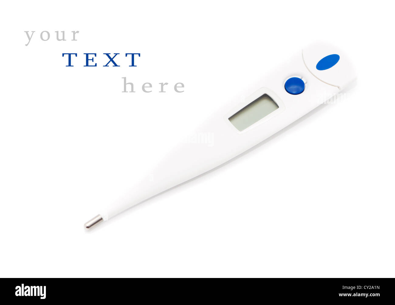 Digital-Thermometer isoliert auf weißem Hintergrund (mit Beispieltext) Stockfoto